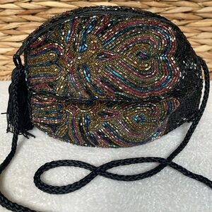 Glass Metallic STUNNING Multi Beaded Barrel Evening Bag Shoulder Black Tassel